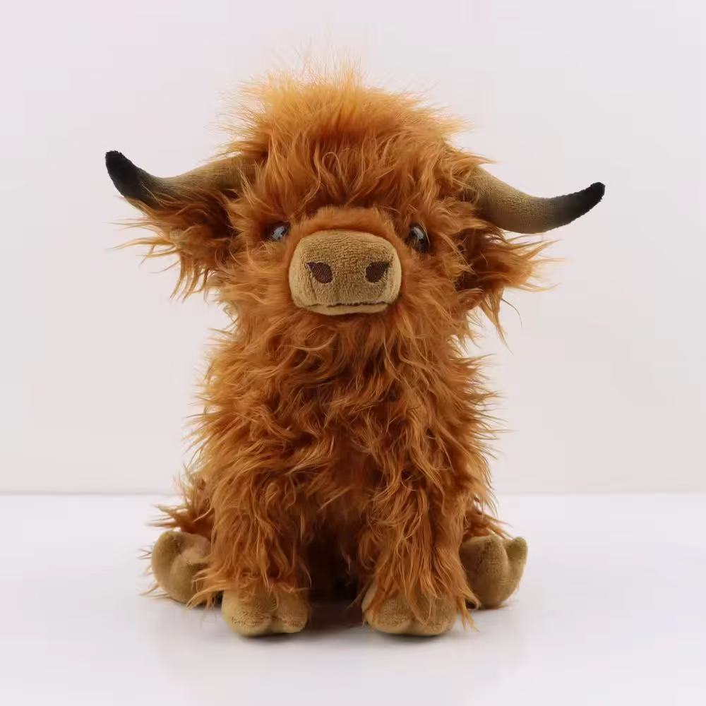 Cute brown Highland Cow plush toy, fluffy stuffed animal for kids