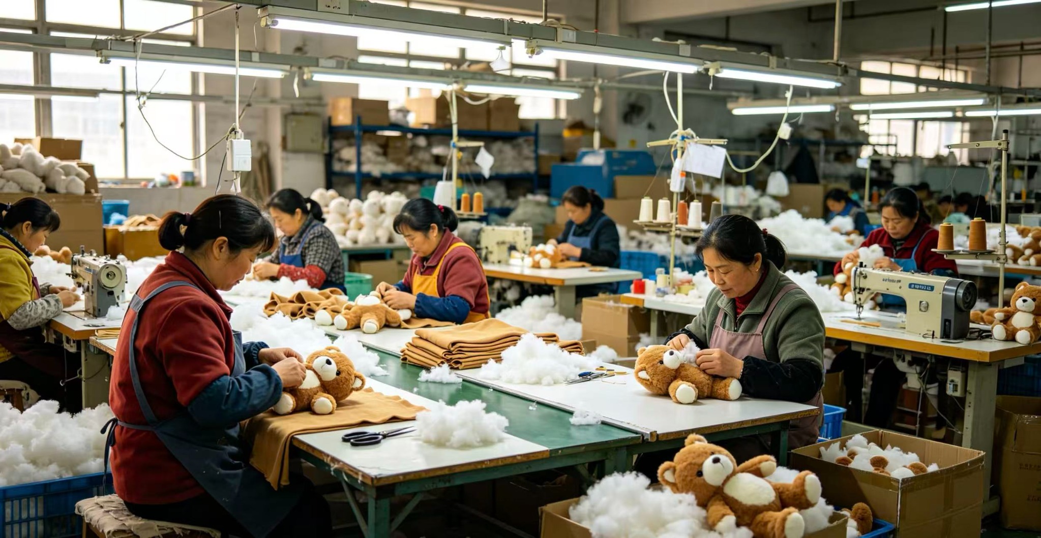 teddy bear stuffing and sewing workshop in plush toy factory
