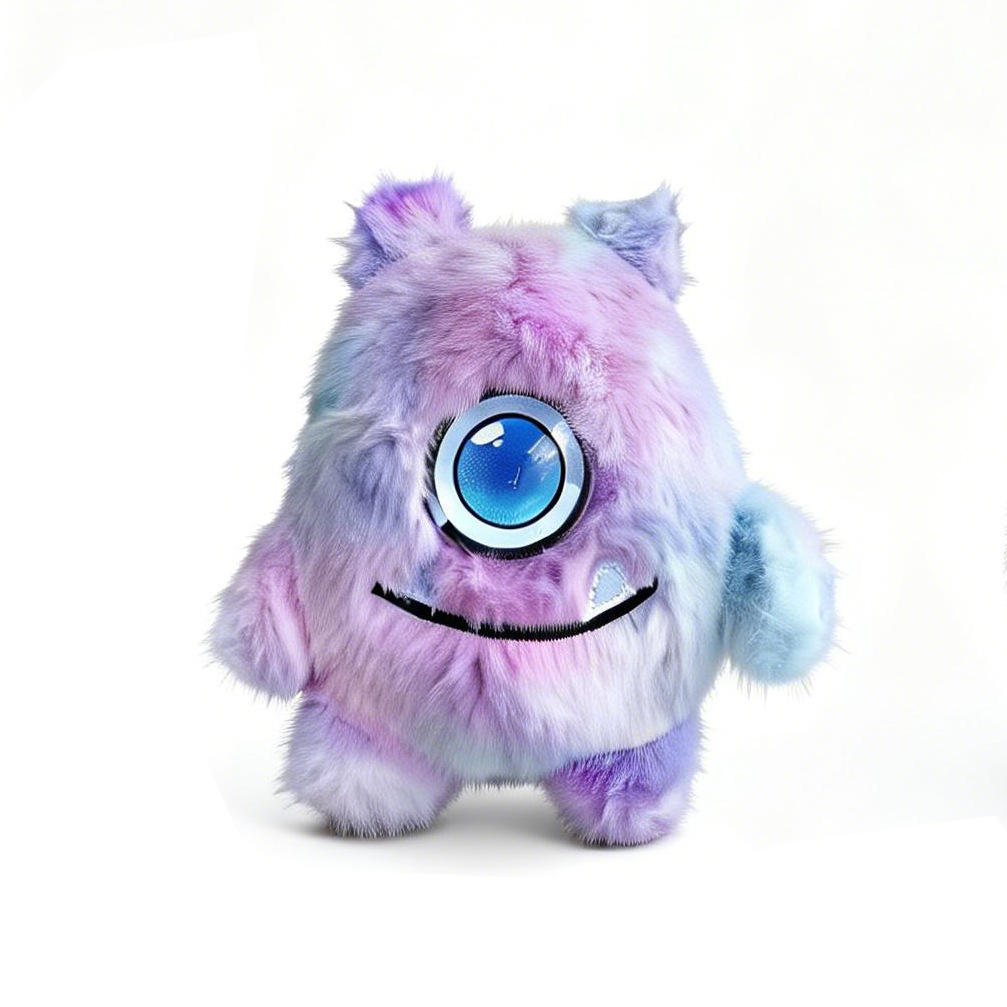A fluffy tie-dye purple and blue smart AI plush toy with a large expressive blue cybernetic eye and a friendly stitched smile.