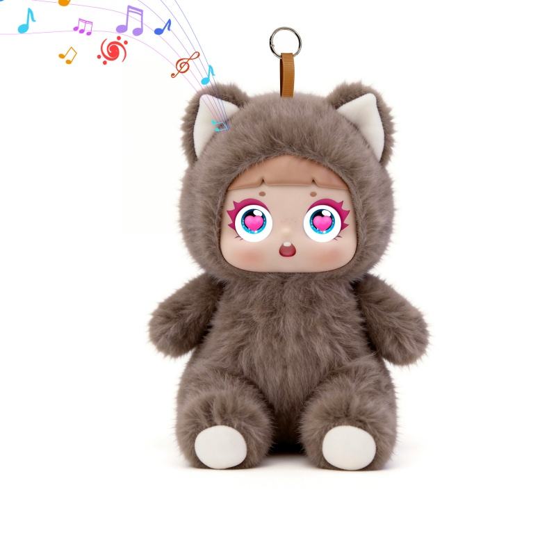 Close-up of a chocolate-brown AI musical plush charm with musical notes floating around it.
