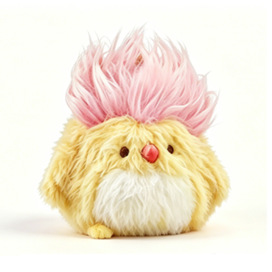 An adorable yellow smart plush bird featuring a signature fluffy neon pink mohawk hairstyle and a tiny red nose on a clean background.