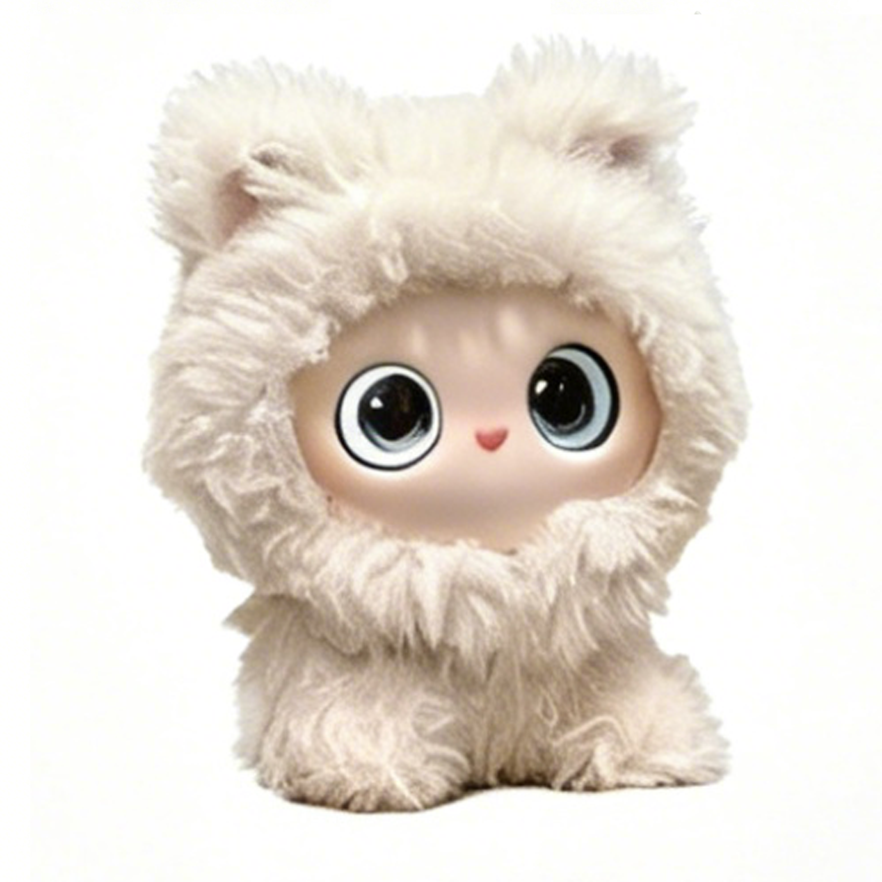An ultra-fluffy white smart plush toy with large expressive crystal eyes, tiny pink nose, and a soft premium faux fur hood.