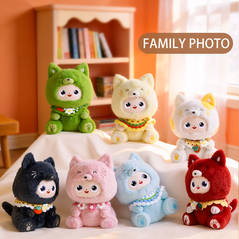 A colorful collection of AI smart companion plush toys in various character designs including green, yellow, white, black, pink, blue, and red.