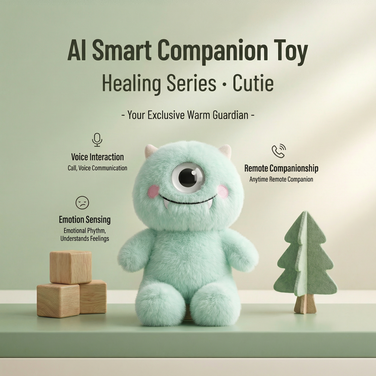 Mint green AI smart companion toy from the Healing Series for emotional support and interactive play.