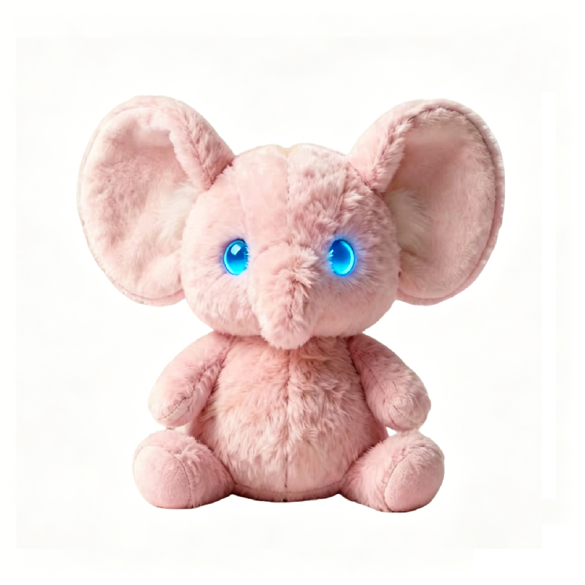 An infographic of a cute grey smart AI plush elephant with glowing blue crystal eyes, highlighting speech recognition, routine schedules, and app control on a white background.