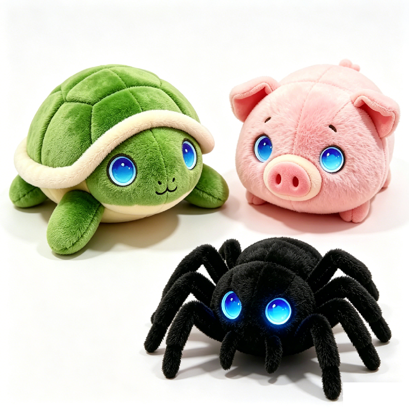 A collection of three AI smart interactive plush toys featuring a green turtle, a pink pig, and a shaggy black spider, all with signature glowing blue crystal eyes on a clean white background.
