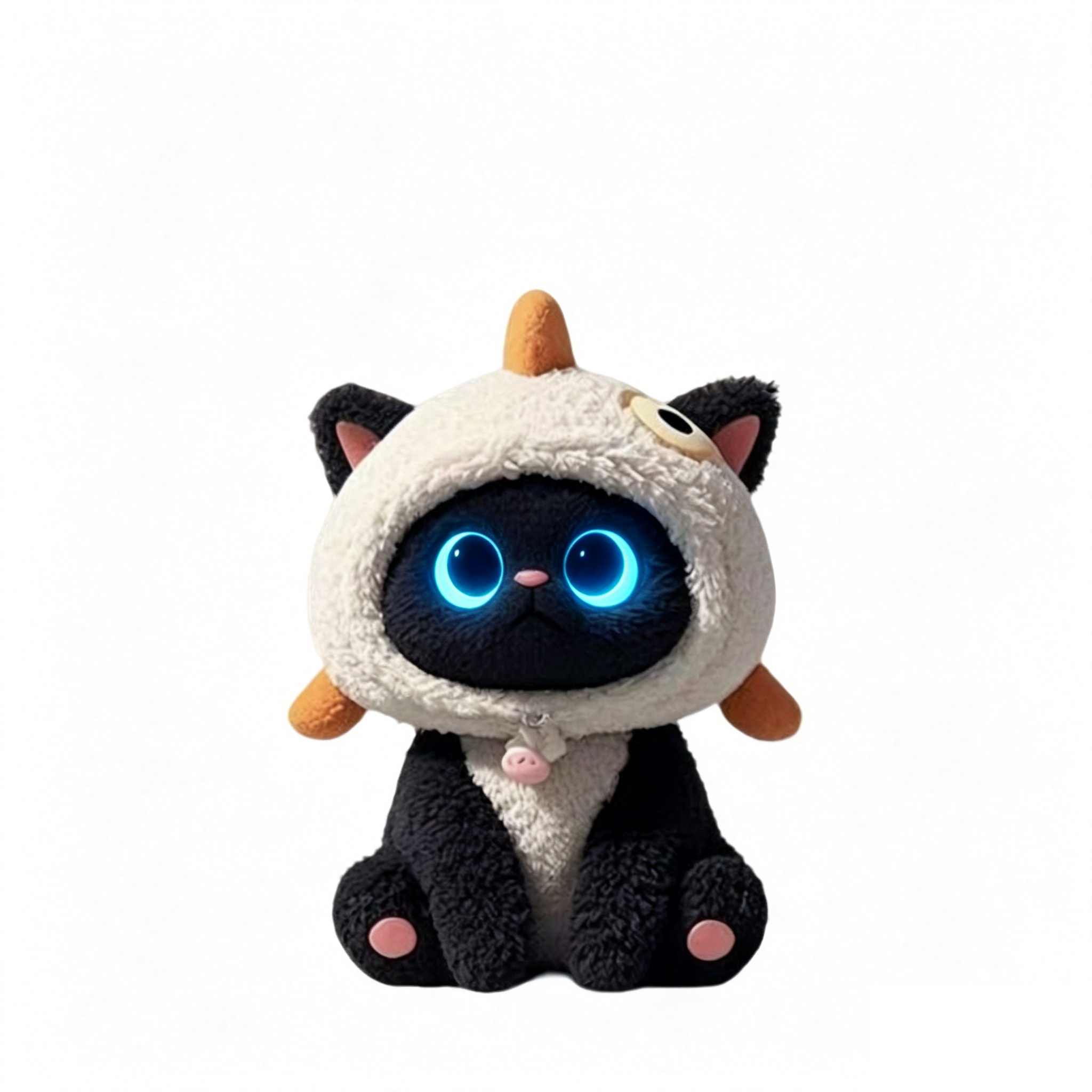 An adorable black and white AI smart plush panda wearing a fluffy cream-colored monster hoodie with orange spikes and glowing deep blue crystal eyes.