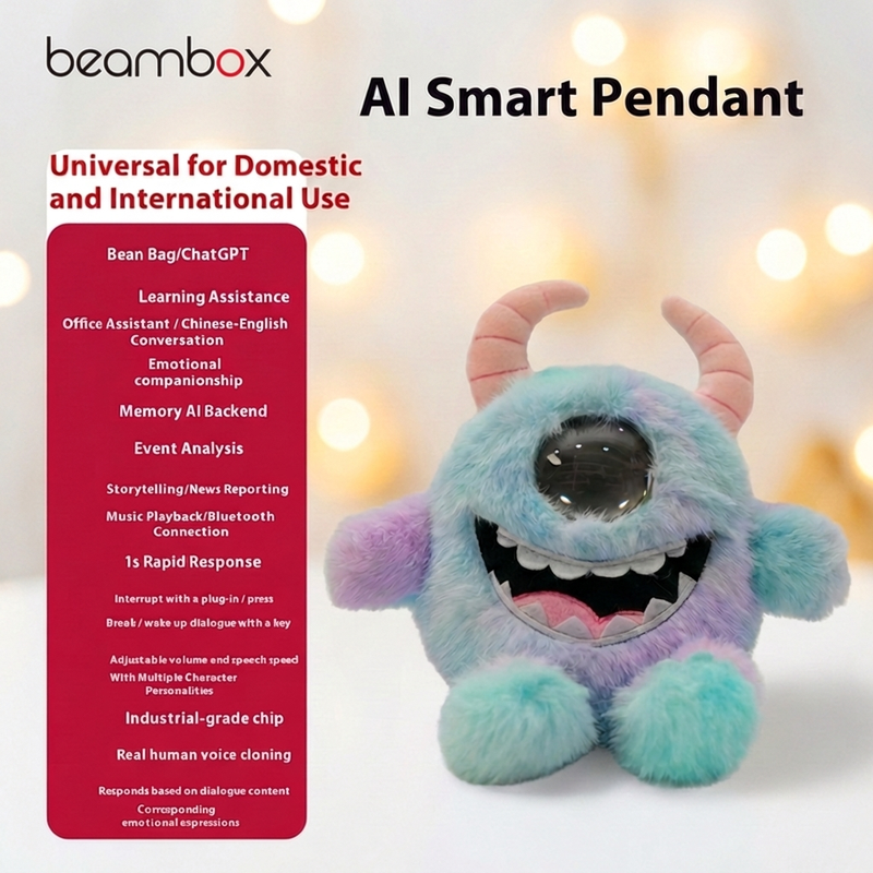 AI smart pendant monster plush with features like voice chat, encyclopedia, and intelligent learning.