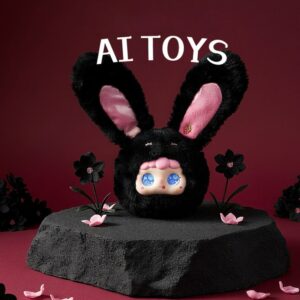 A black furry bunny plush with pink ears and a cute doll face sitting on a black rock, labeled 'AI TOYS' against a deep red background.