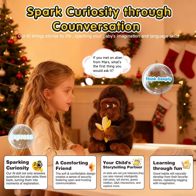 A little girl talking to the AI gorilla plush in a cozy home setting by a Christmas tree.