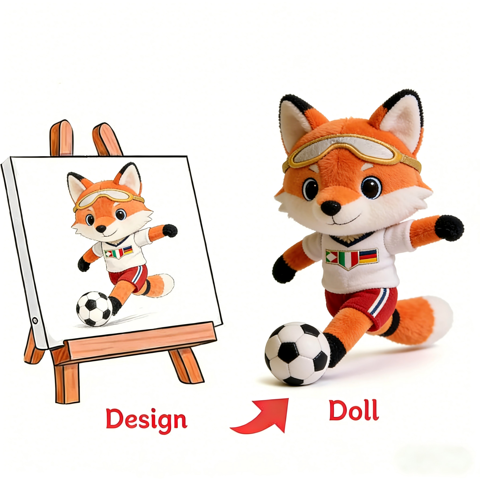 Diagram showing the transformation from a 2D cartoon fox drawing to a 3D soccer-themed fox plush doll.