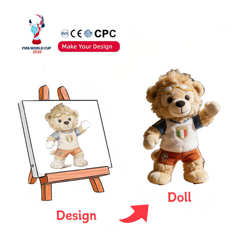 A 2D design sketch on an easel transitioning into a finished 3D waving lion mascot plush doll with CE and CPC certification logos.