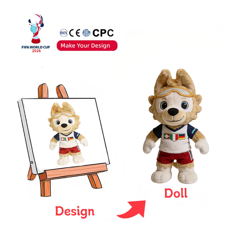 Side-by-side comparison of a 2D husky/wolf sports mascot drawing and the final manufactured plush toy.