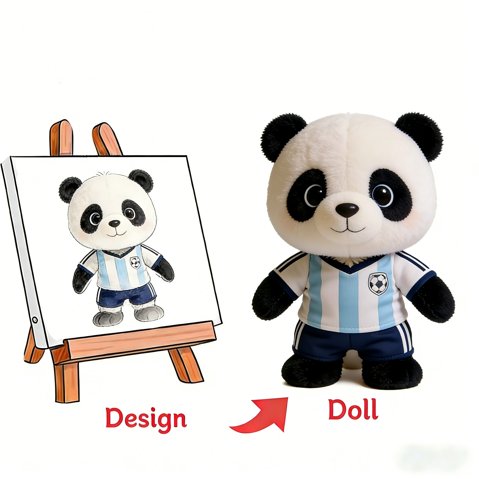 A comparison of a 2D sketch and the finished custom panda plush doll wearing a blue and white striped soccer jersey.