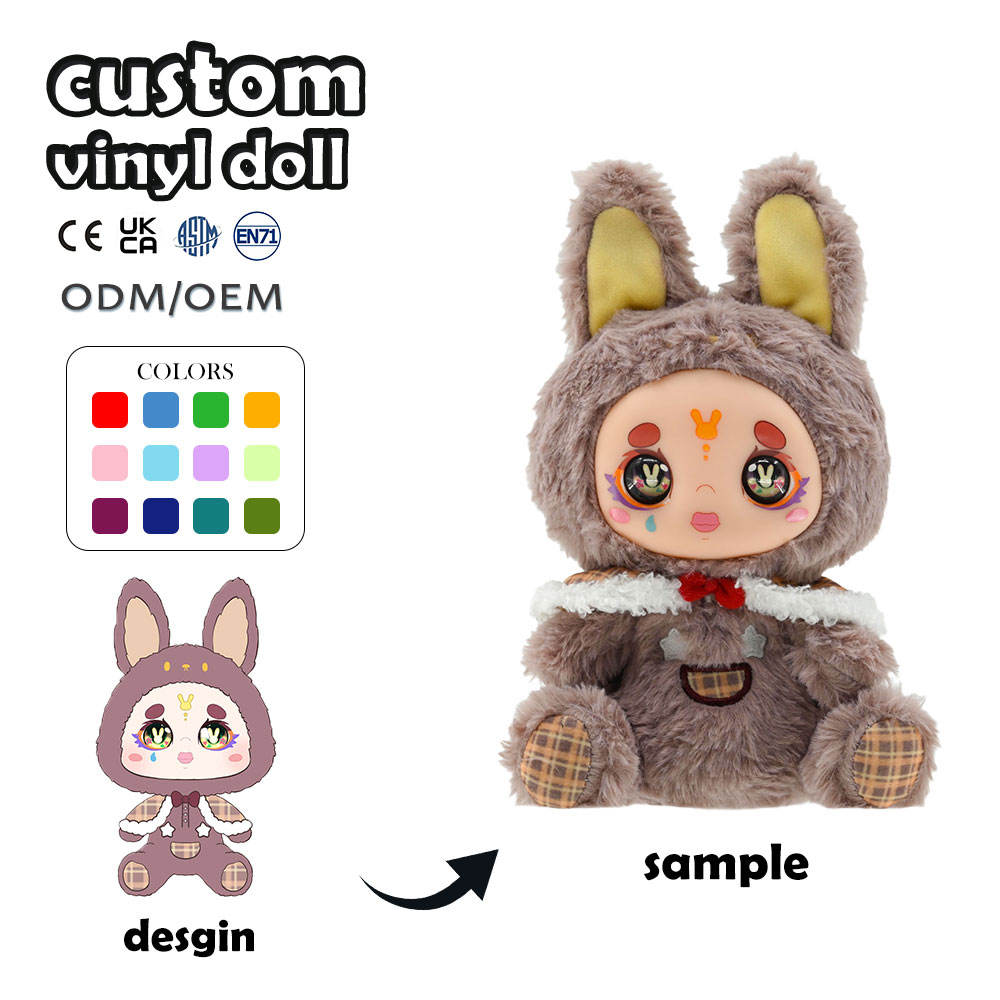Diagram showing the transformation from a 2D rabbit character illustration to a 3D vinyl face plush doll sample.