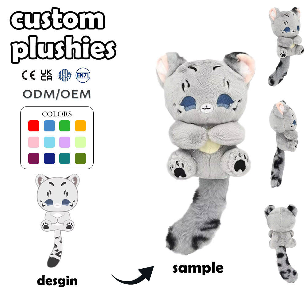 Diagram showing the transformation from a 2D cartoon snow leopard sketch to a completed 3D plushie sample with factory options.