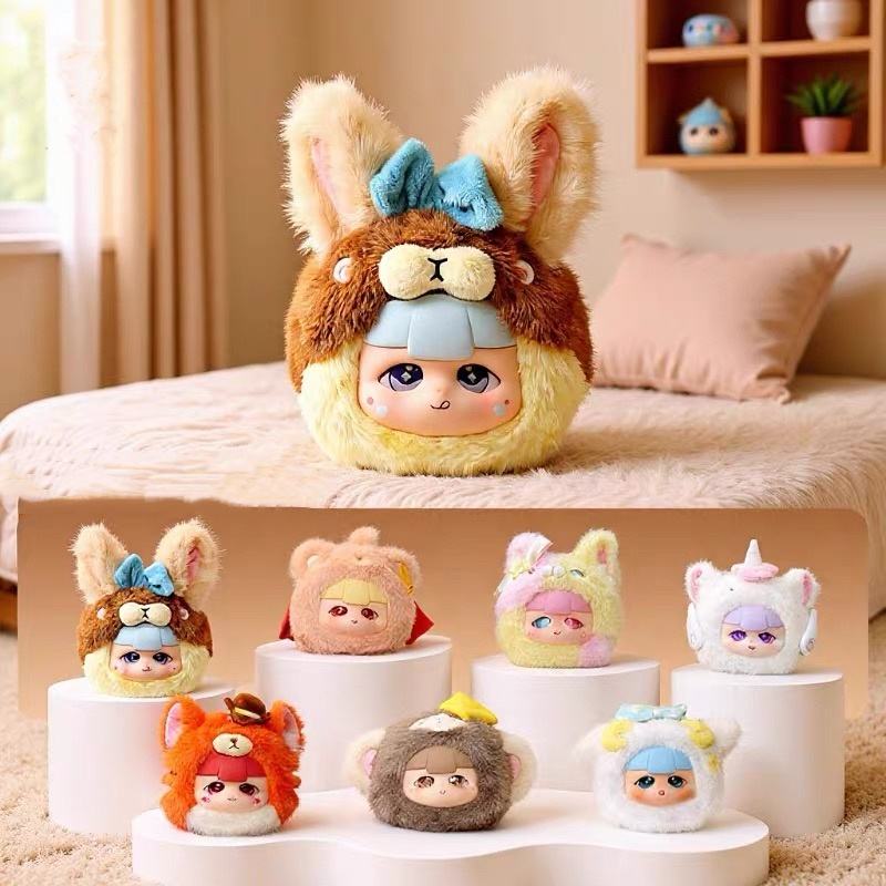 A collection of Dimoo plush dolls wearing various animal hoodies displayed on white stands.