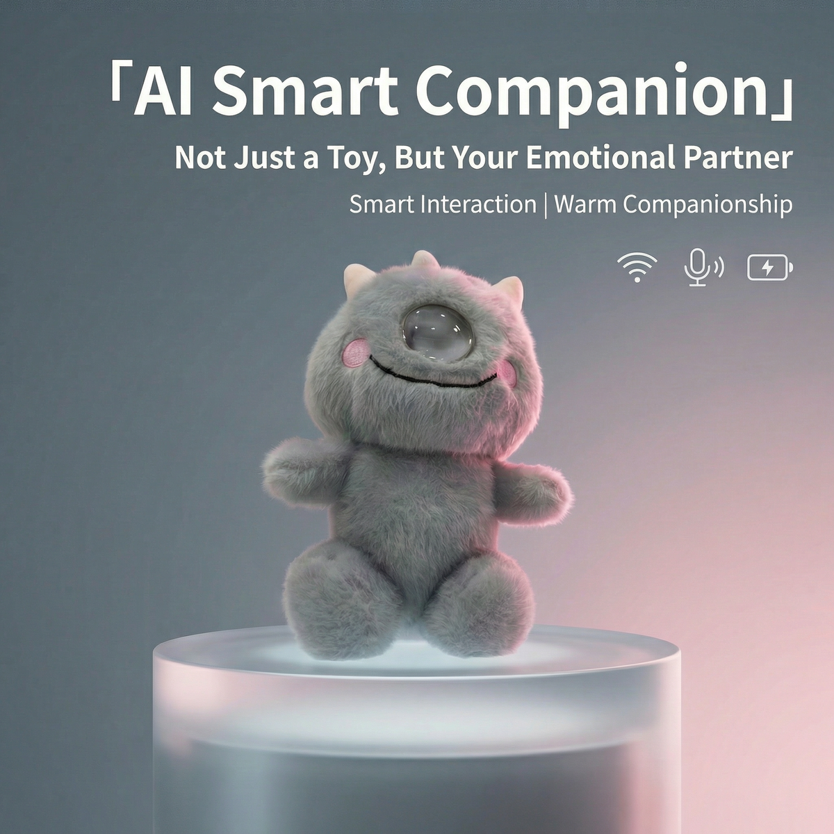 Grey AI smart companion plush toy on a glowing pedestal, marketed as an emotional partner.