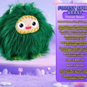 A fluffy green Forest Spirit Beast AI interactive plush toy with detailed smart features listed on a purple background.
