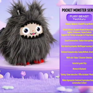 A grey furry monster plush toy named Fury Beast Techfury with smart AI features listed on a purple background.