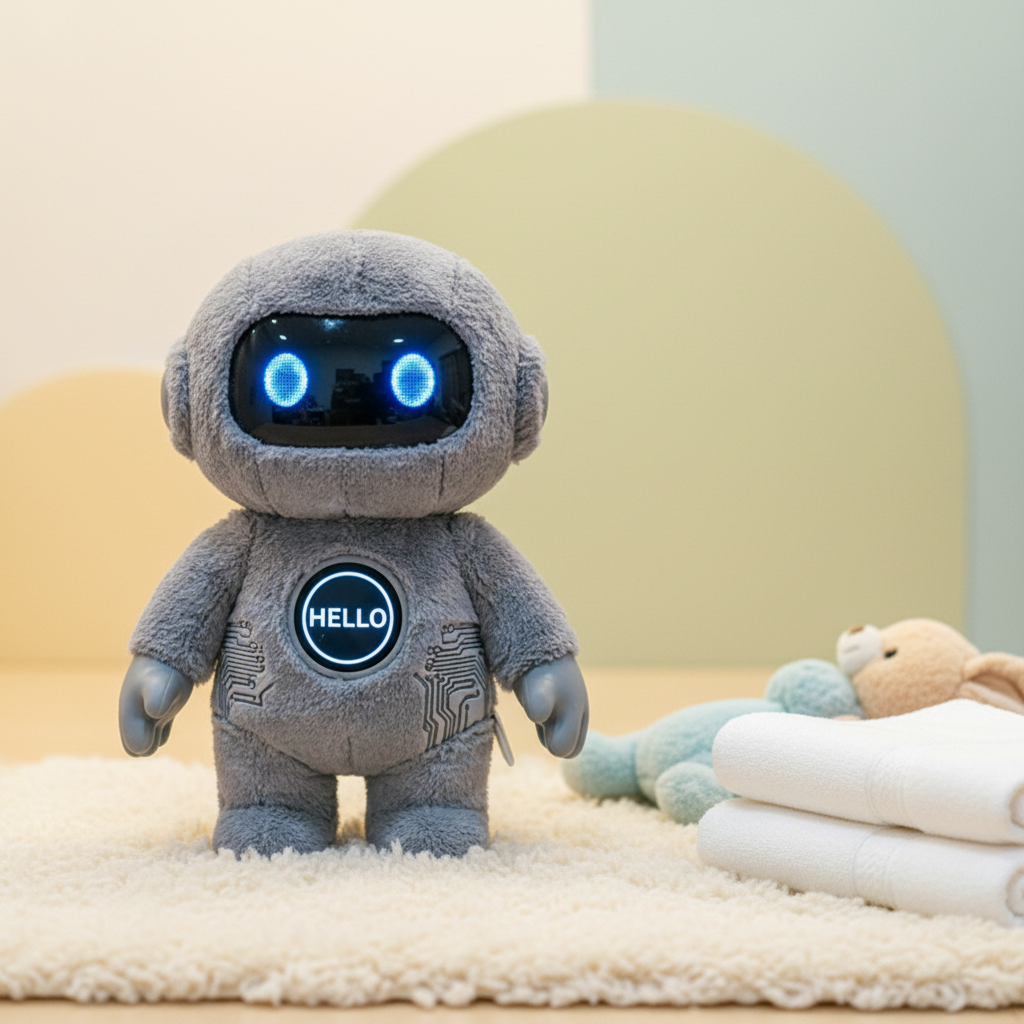 A standing grey AI smart robot plush toy with glowing blue LED eyes and a 'HELLO' message on its chest screen.
