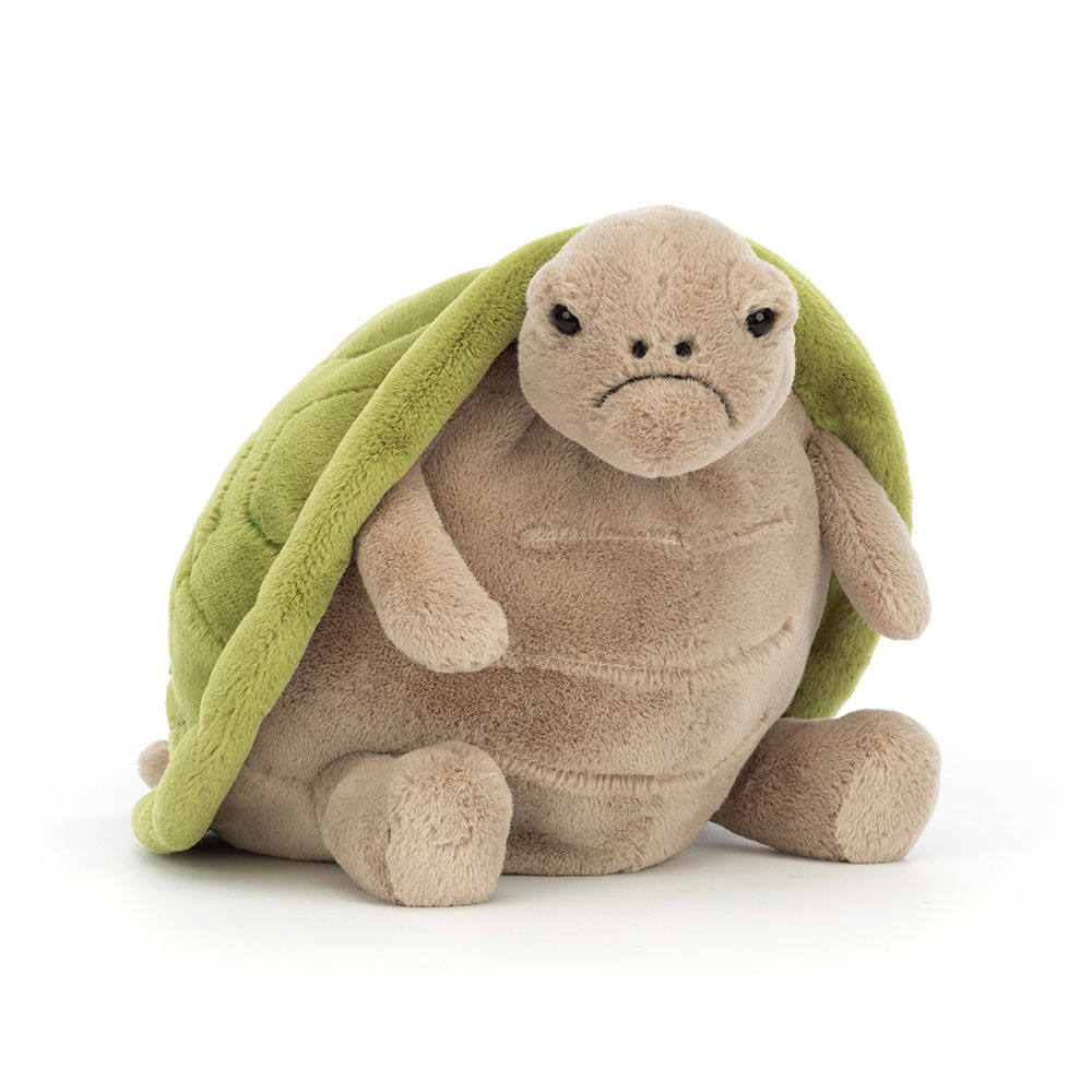 An olive green grumpy turtle plush toy with a sad face looking forward on a white background.
