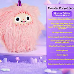 A fluffy pink Gummy Critter monster plush with a purple horn, part of the Monster Pocket Series AI interactive toys.