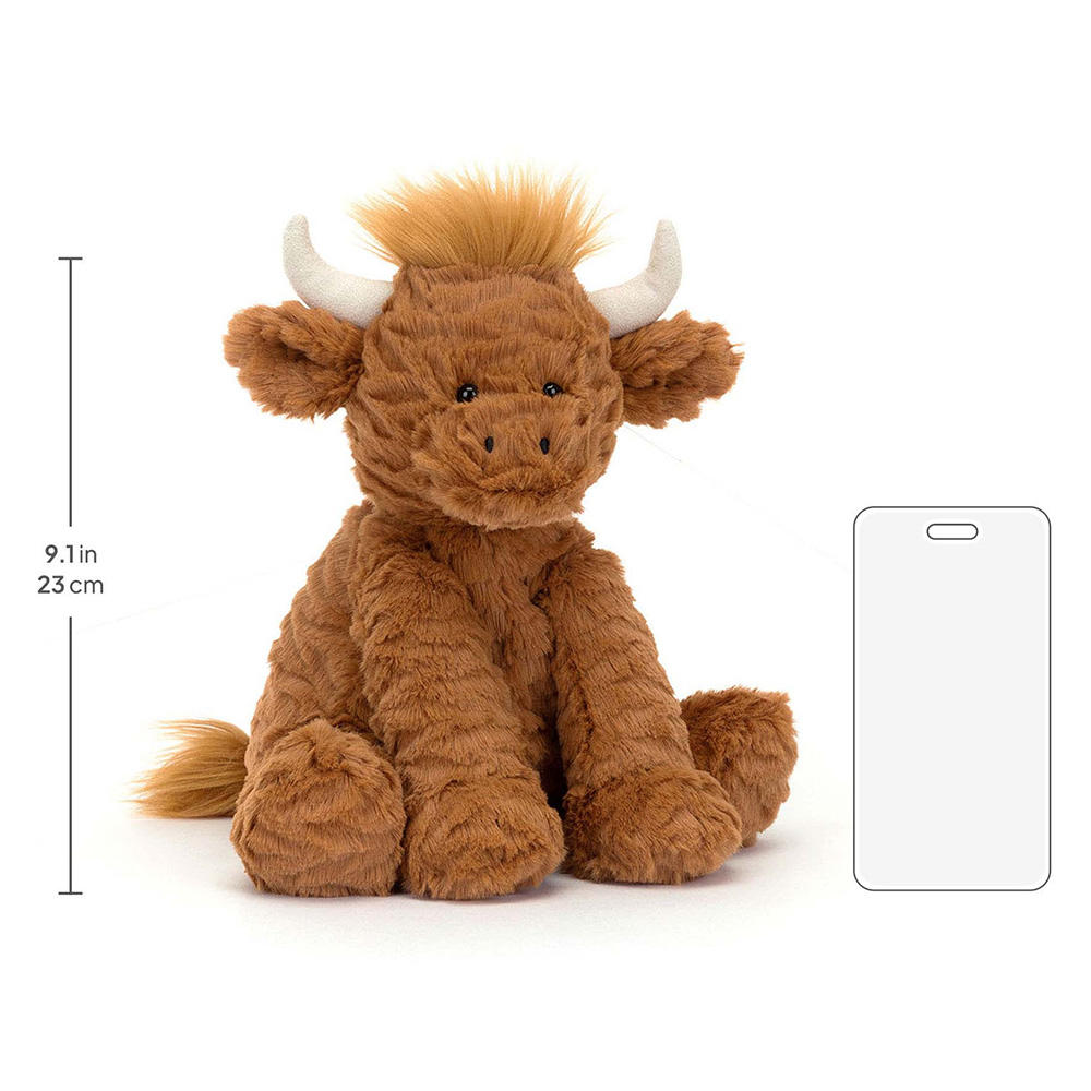 Size comparison infographic showing the height of the sitting highland cow plush next to a standard mobile phone.