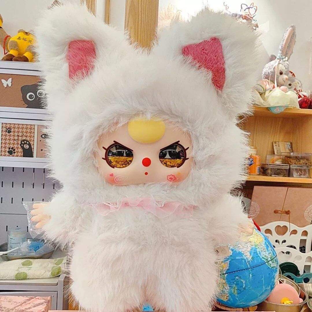 Wholesale AI smart interactive robot plush toy custom size and color manufacturer supplierdressed in a pure white fluffy fox costume with pink inner ears.