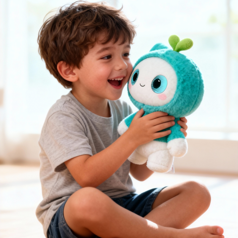 A laughing boy holding a plush-textured green smart robot, showcasing fun educational interaction.