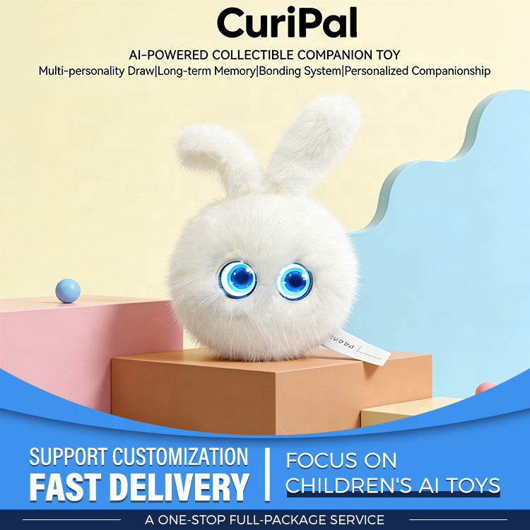 CuriPal white smart interactive bunny plush toy with blue eyes for kids education