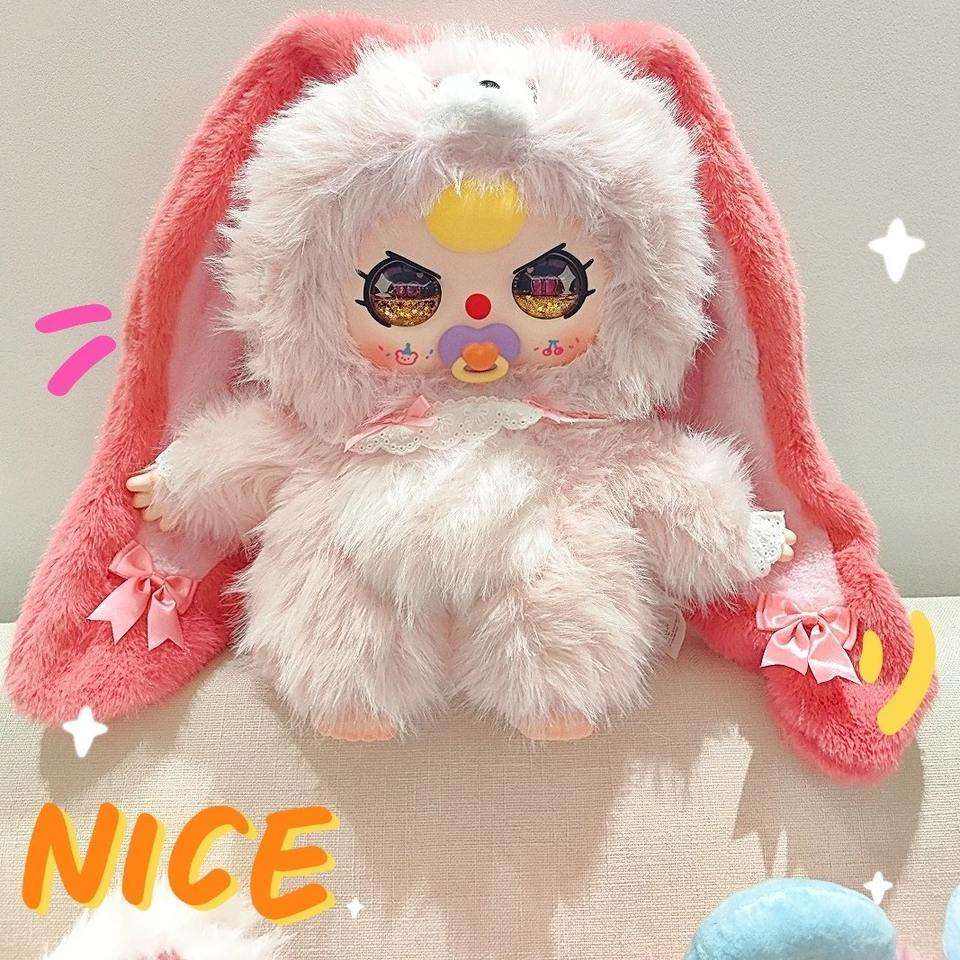 A sweet fluffy pink long-eared bunny smart AI talking plushie with decorative floral patterns on the ears.