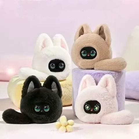 A collection of MOMO AI smart plush companions in white, brown, and black, featuring expressive digital eyes.