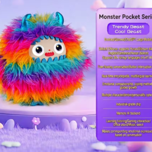 A colorful rainbow-furred Trendy Beast monster plush from the Monster Pocket Series with smart AI features listed on a purple background.
