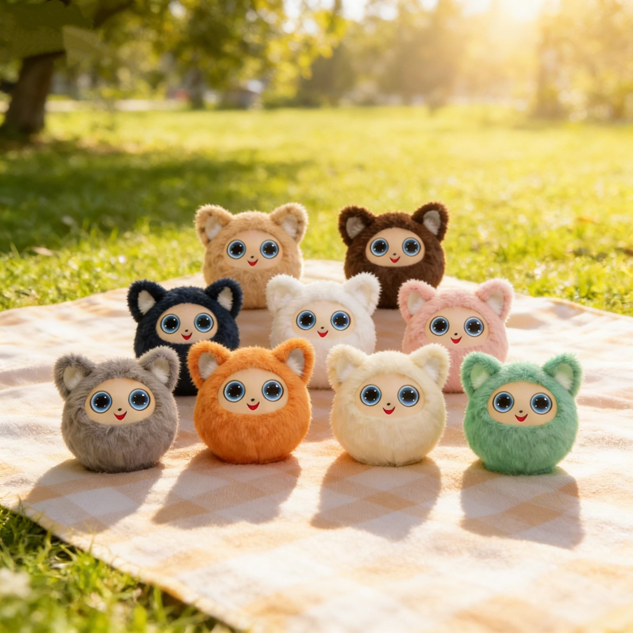 A collection of 8 different colored AI smart plush educational robots arranged on a picnic blanket.