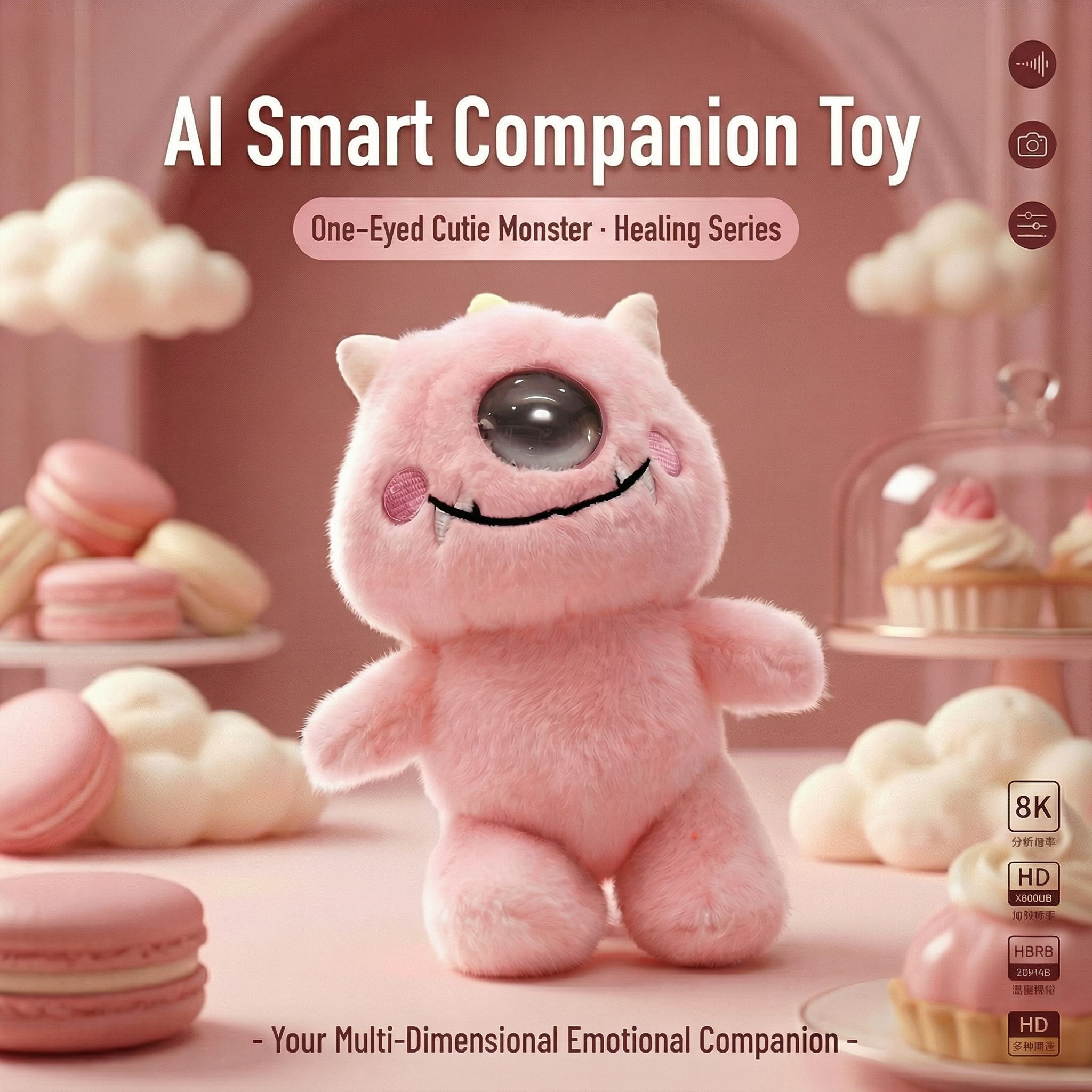 Pink One-Eyed Solo Monster AI smart toy in a sweet, dessert-themed setting.