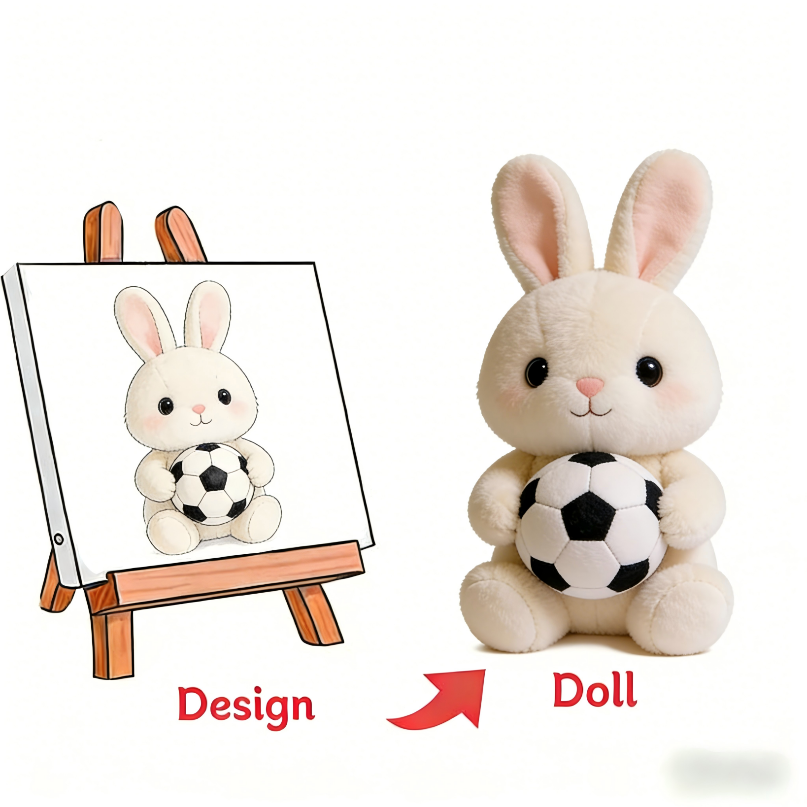 A white bunny rabbit holding a soccer ball shown as both a design sketch and a completed plush stuffed animal.