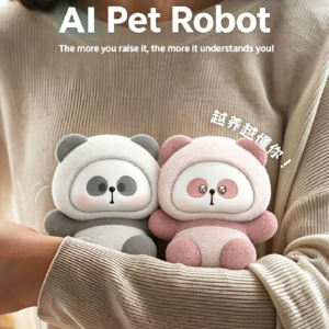 A woman holding two small AI pet robots in grey and pink panda designs.