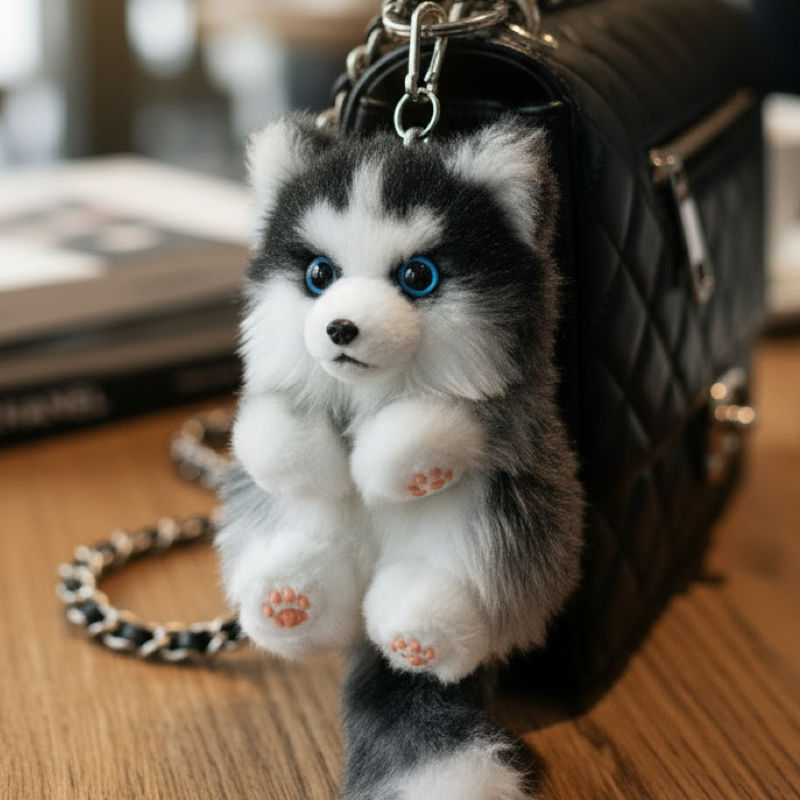 A realistic husky puppy dog plush keychain accessorized on a black quilted chain bag.