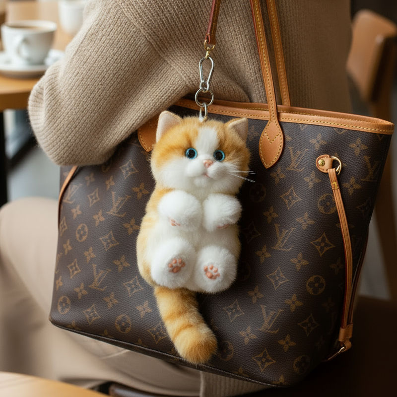 A realistic orange and white tabby cat plush pendant hanging on a brown leather tote bag.