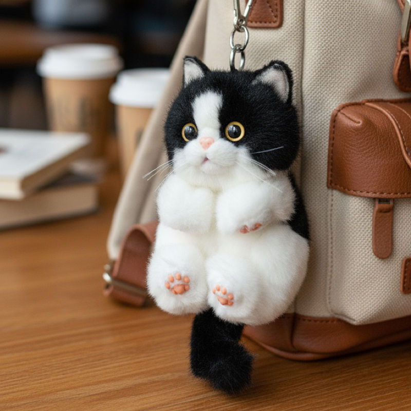 A black and white tuxedo cat realistic plushie keyring charm on a beige canvas backpack.
