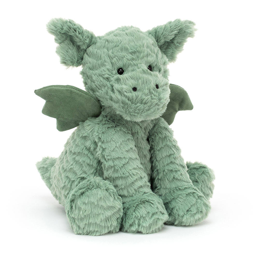 A sitting sage green dragon plush toy with textured fur and small wings on a white background.