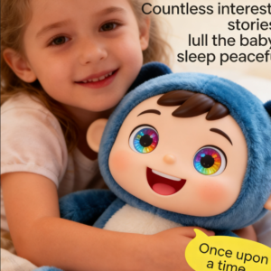 A young girl smiling while hugging a blue monkey-styled smart AI storytelling doll that says "Once upon a time..."
