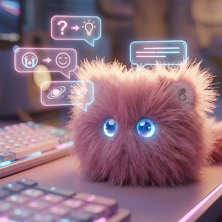 An AI smart plush cat on a gaming desk with holographic icons representing storytelling, voice chat, and knowledge sharing functions.