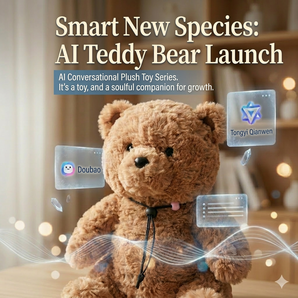 Smart New Species: AI Teddy Bear launch poster featuring an interactive brown plush bear for child development.