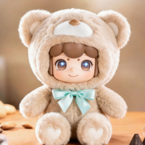 An adorable AI interactive plush doll wearing a fluffy light brown bear onesie with a mint green bow tie and warm glowing eyes on a warm-toned background.