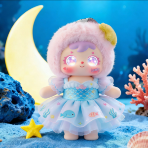 An AI interactive anime plush doll wearing a blue ocean mermaid dress and a soft pink fluffy hood, featuring magical glowing pink eyes on a whimsical deep-sea beach background with a crescent moon.