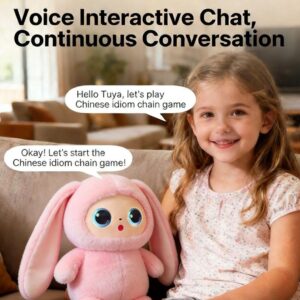A little girl smiling on a living room sofa, interacting via text bubbles with a pink smart plush rabbit that supports continuous AI voice conversation and idiom games.