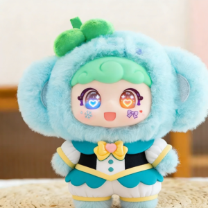 A sweet smart interactive plush anime figure dressed in a teal and white circus vest outfit with a fluffy mint green hood and vibrant heart-shaped glowing eyes.