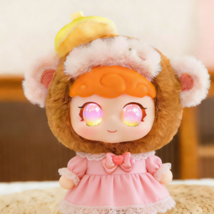 A sweet smart interactive plush doll wearing a brown curly bear hood, a yellow hat accessory, and a lovely pink lace dress with magical glowing pink starlight eyes.